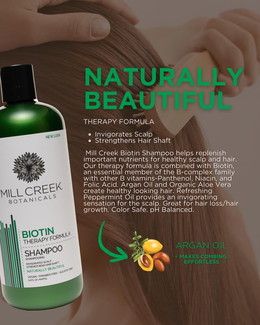Mill Creek Biotin Shampoo packaging showcases natural and organic ingredients.