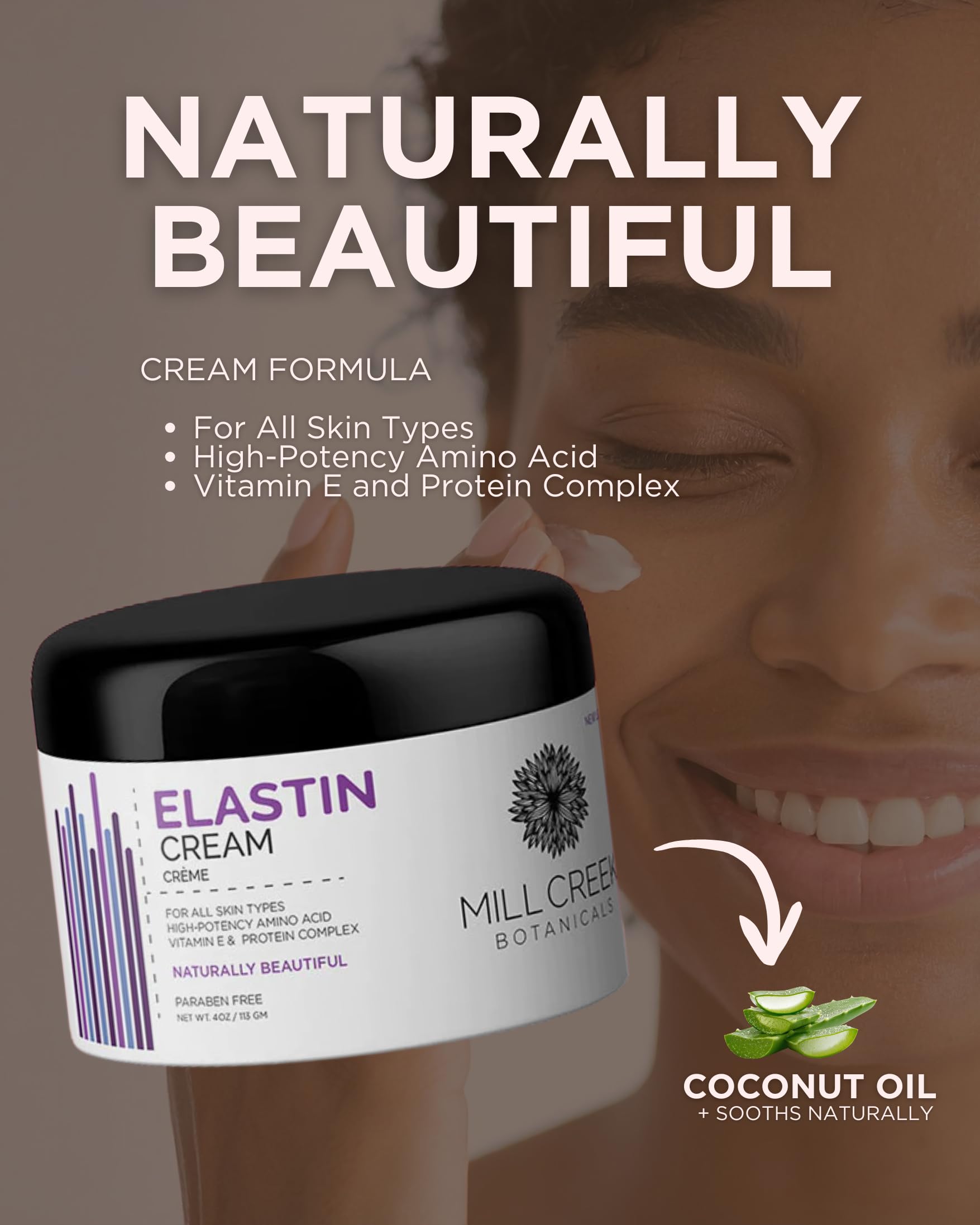 Mill Creek Botanicals Elastin Cream ingredients panel featuring natural organic components