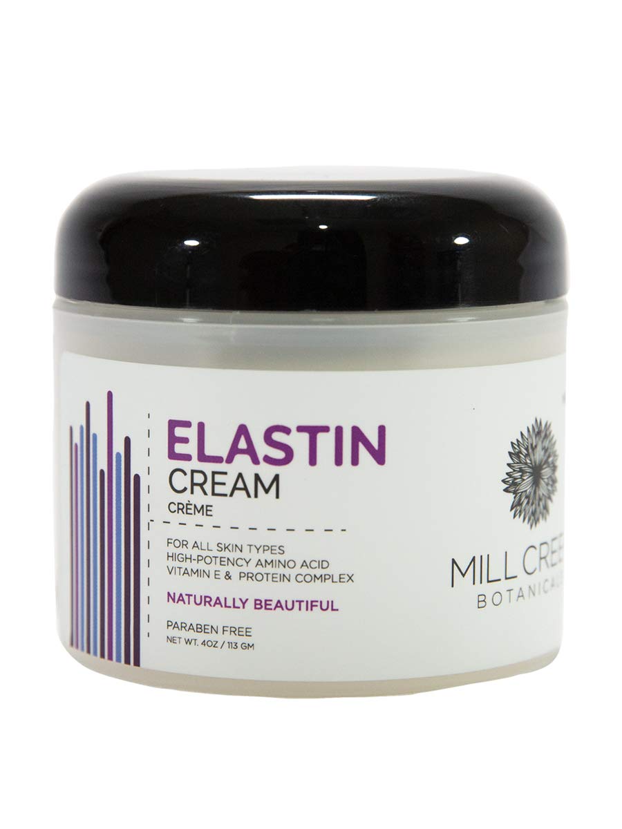 Mill Creek Botanicals Elastin Cream packaging highlighting pure elastin for elasticity support