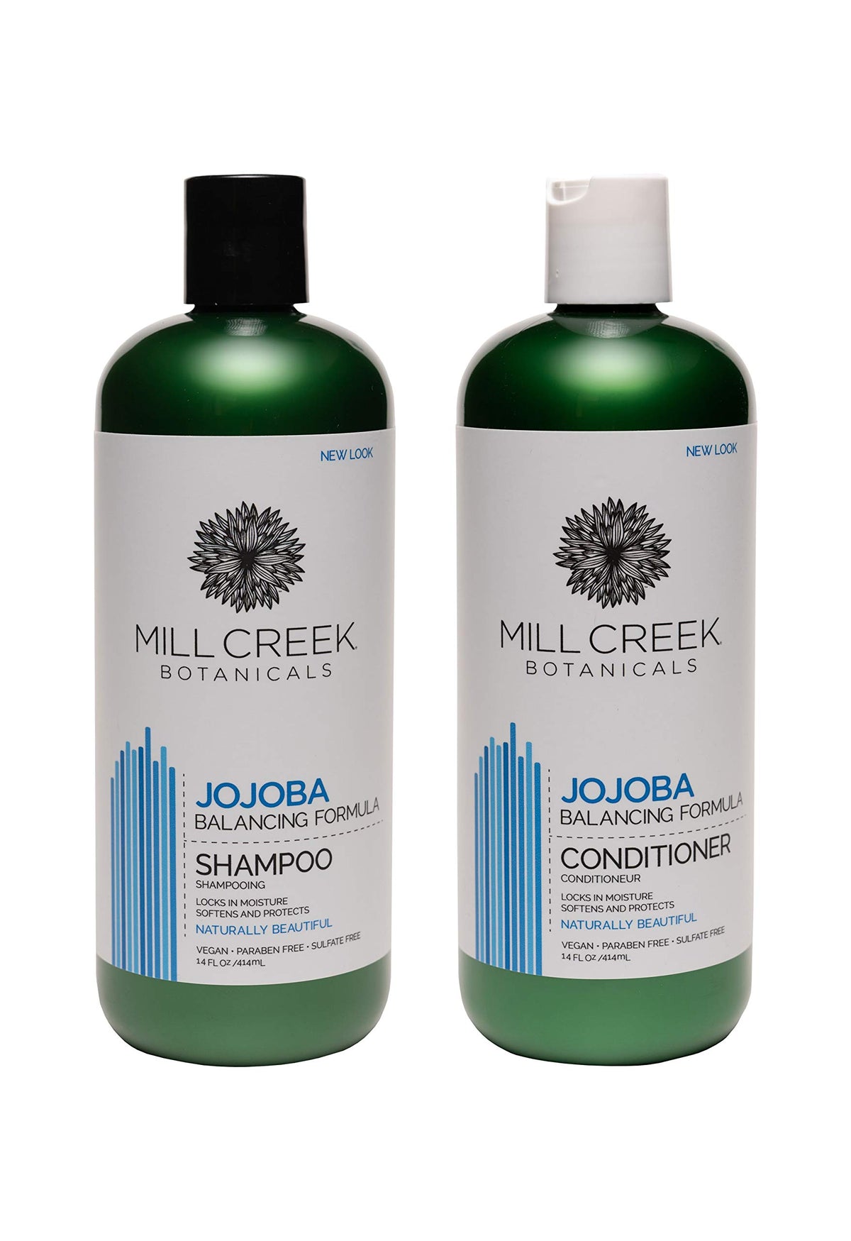 Mill Creek Botanicals Jojoba Shampoo bottle promotes balanced moisture for healthy hair.