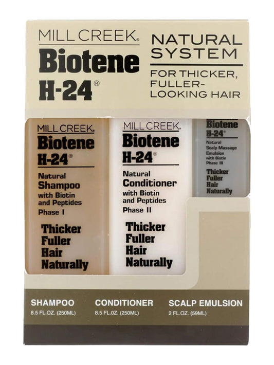 Mill Creek H-24 shampoo bottle with rich lather for cleansing.