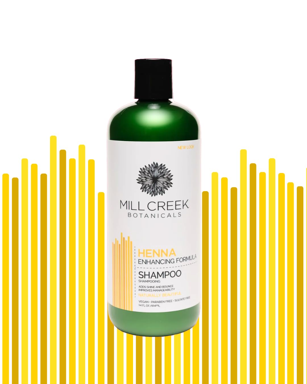 Mill Creek Henna Conditioner bottle highlights detangling and silky feel.