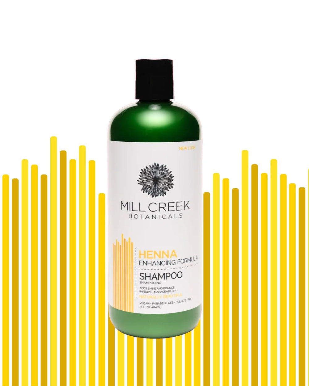 Mill Creek Henna Conditioner bottle highlights detangling and silky feel.