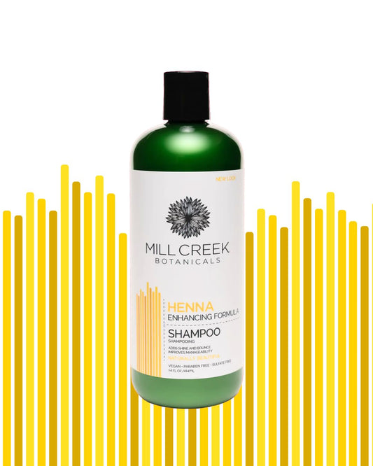 Mill Creek Henna Conditioner bottle highlights detangling and silky feel.