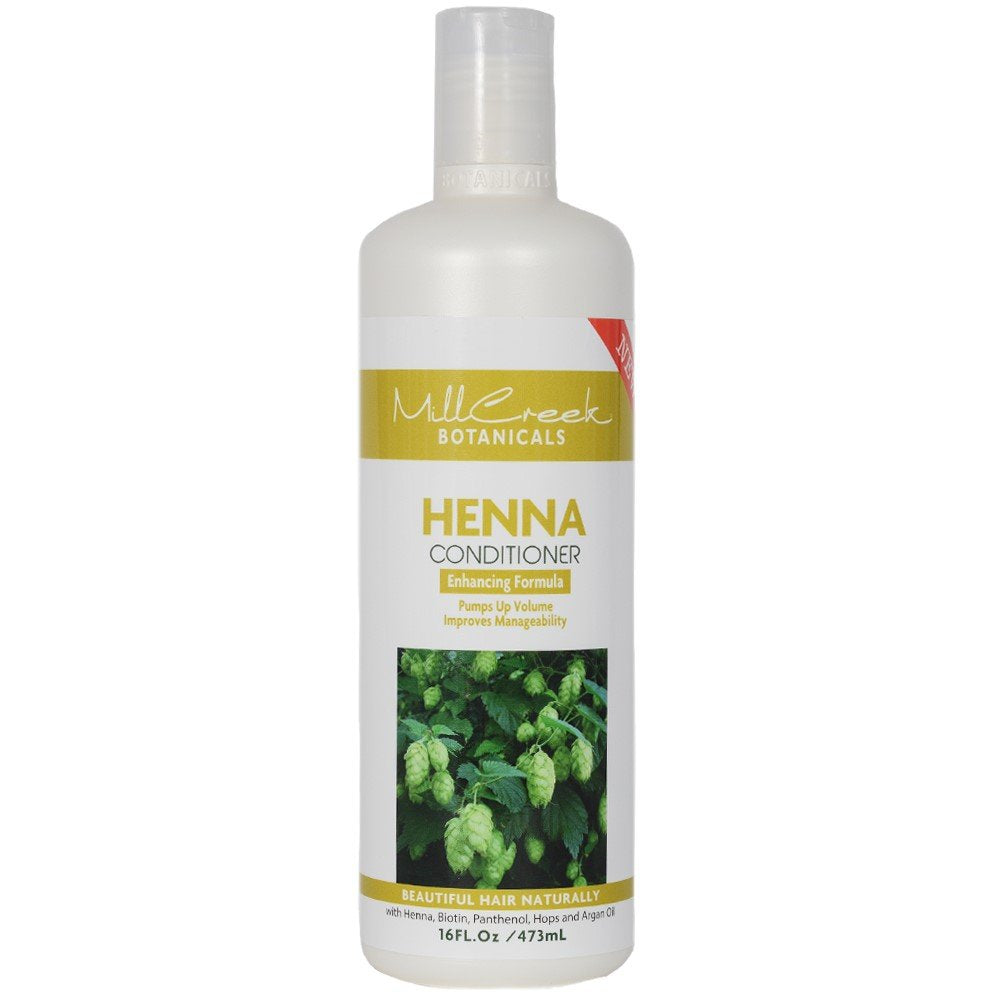 Mill Creek Henna Conditioner bottle shows natural organic formula for shinier, more manageable hair.
