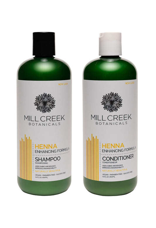 Mill Creek Henna Shampoo bottle shows color-safe formula for all hair colors.