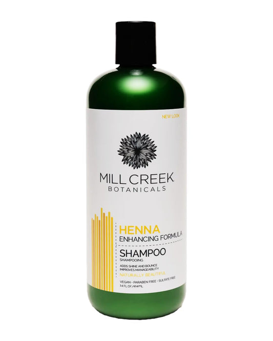 Mill Creek Henna Shampoo bottle demonstrates color-safe, sulfate-free formula for all hair colors.