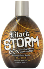 Millennium Tanning Black Storm 60x bottle closeup with silky silicone bronzer