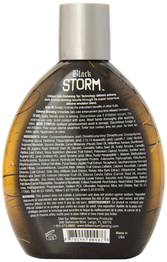 Millennium Tanning Black Storm 60x bottle being dispensed for easy application