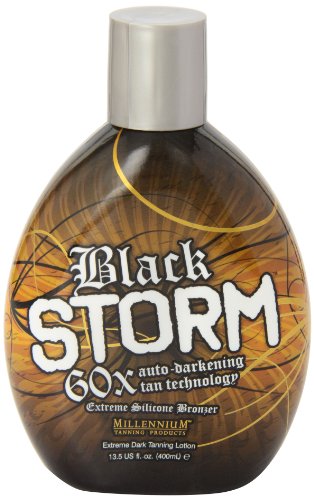 Millennium Tanning Black Storm 60x bottle shown on skin during tanning session