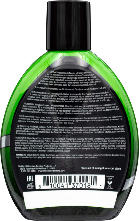 Millennium Tanning Solid Black 13oz bottle back label showing ingredients.