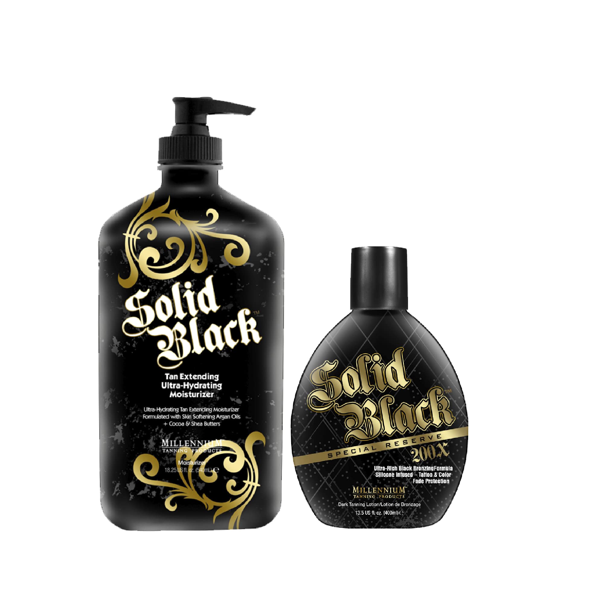 Millennium Tanning Solid Black 200x bronzer bottle with deep color for a bold tan