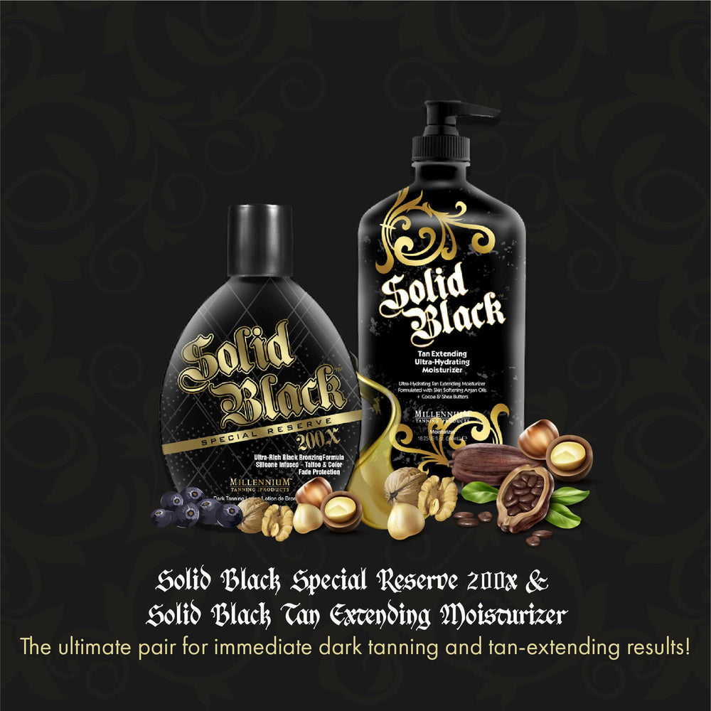 Millennium Tanning Solid Black 200x extender bottle delivering long-lasting moisture