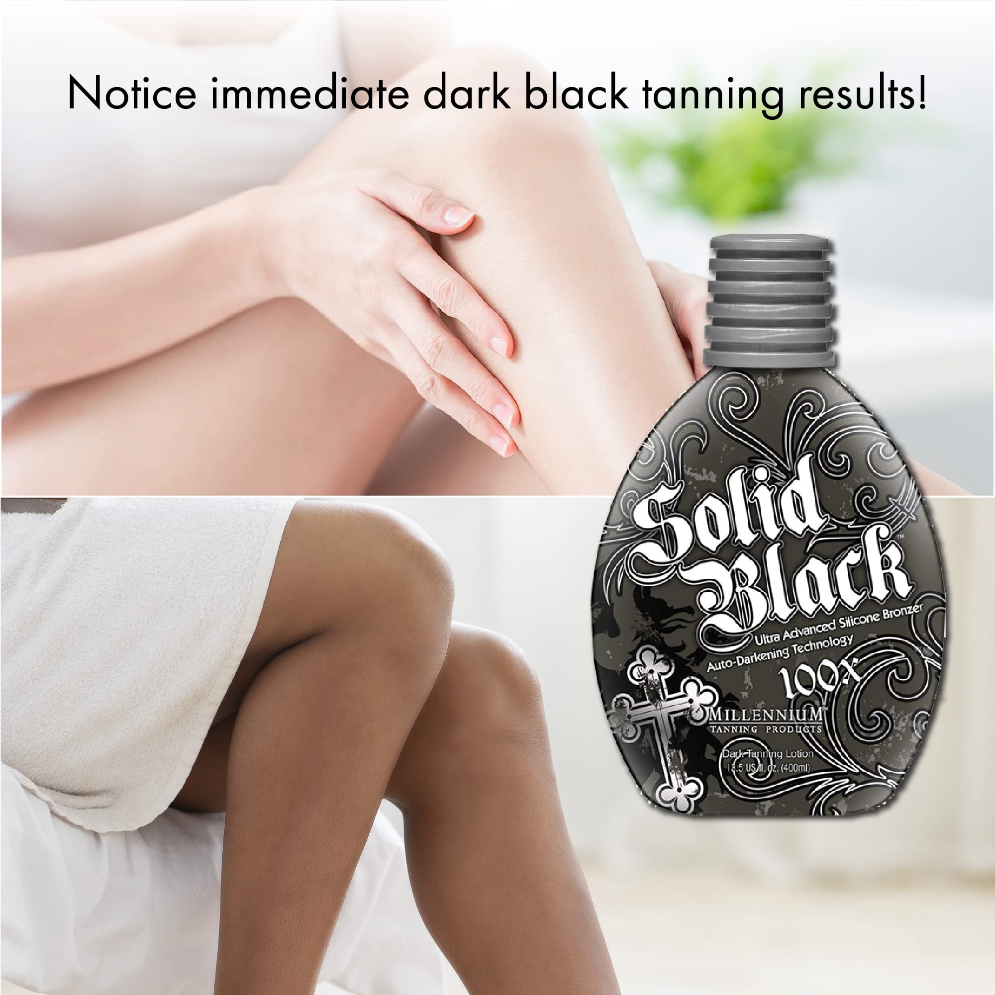 Millennium Tanning Solid Black deep-dark tan results on sun-kissed skin