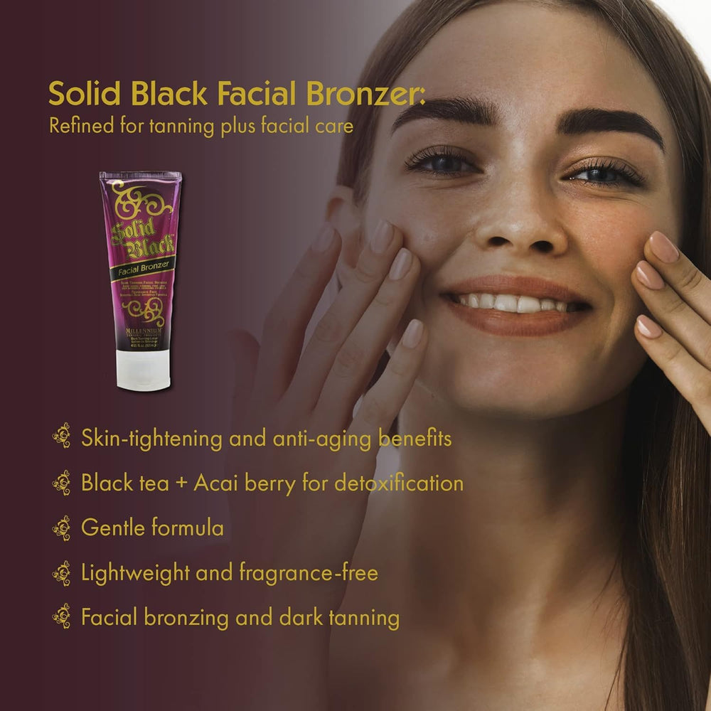Before and after view of the Millennium Tanning Solid Black Facial Bronzer glow