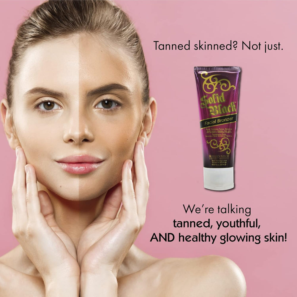 Applying Millennium Tanning Solid Black Facial Bronzer during a skincare routine