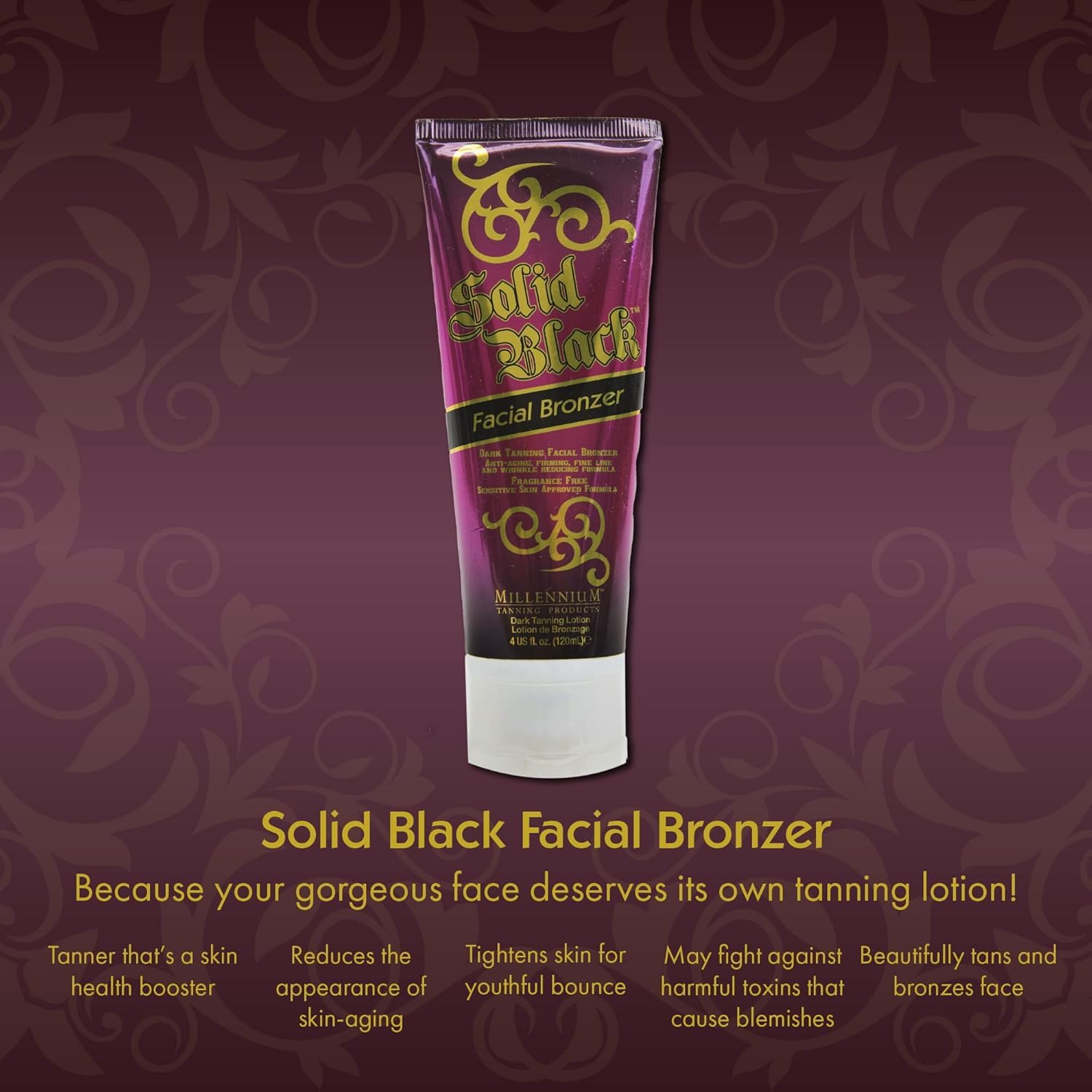 Millennium Tanning Solid Black Facial Bronzer tube packaging ready for daily use