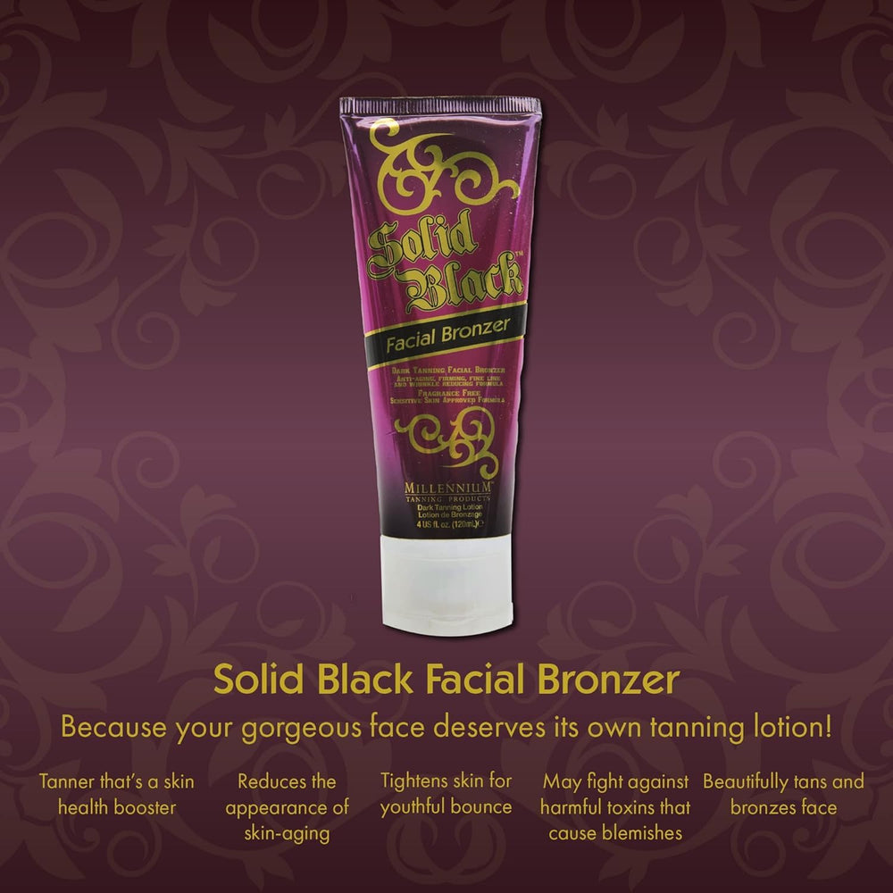 Millennium Tanning Solid Black Facial Bronzer tube packaging ready for daily use