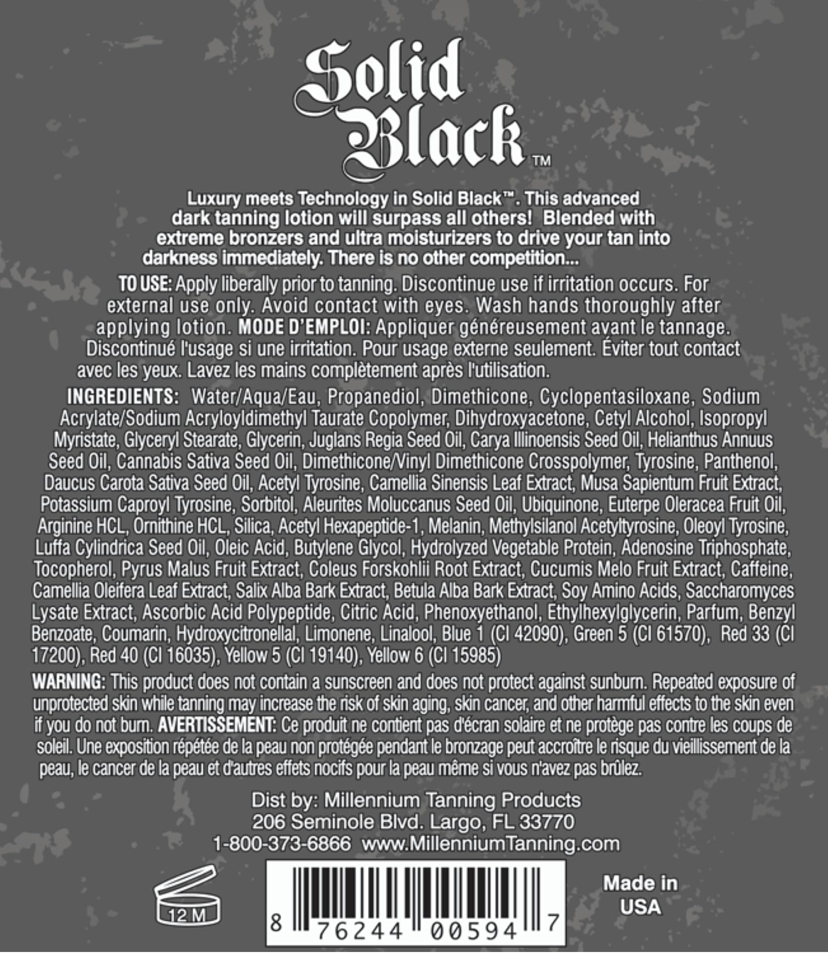 Millennium Tanning Solid Black long-lasting bronze finish on skin