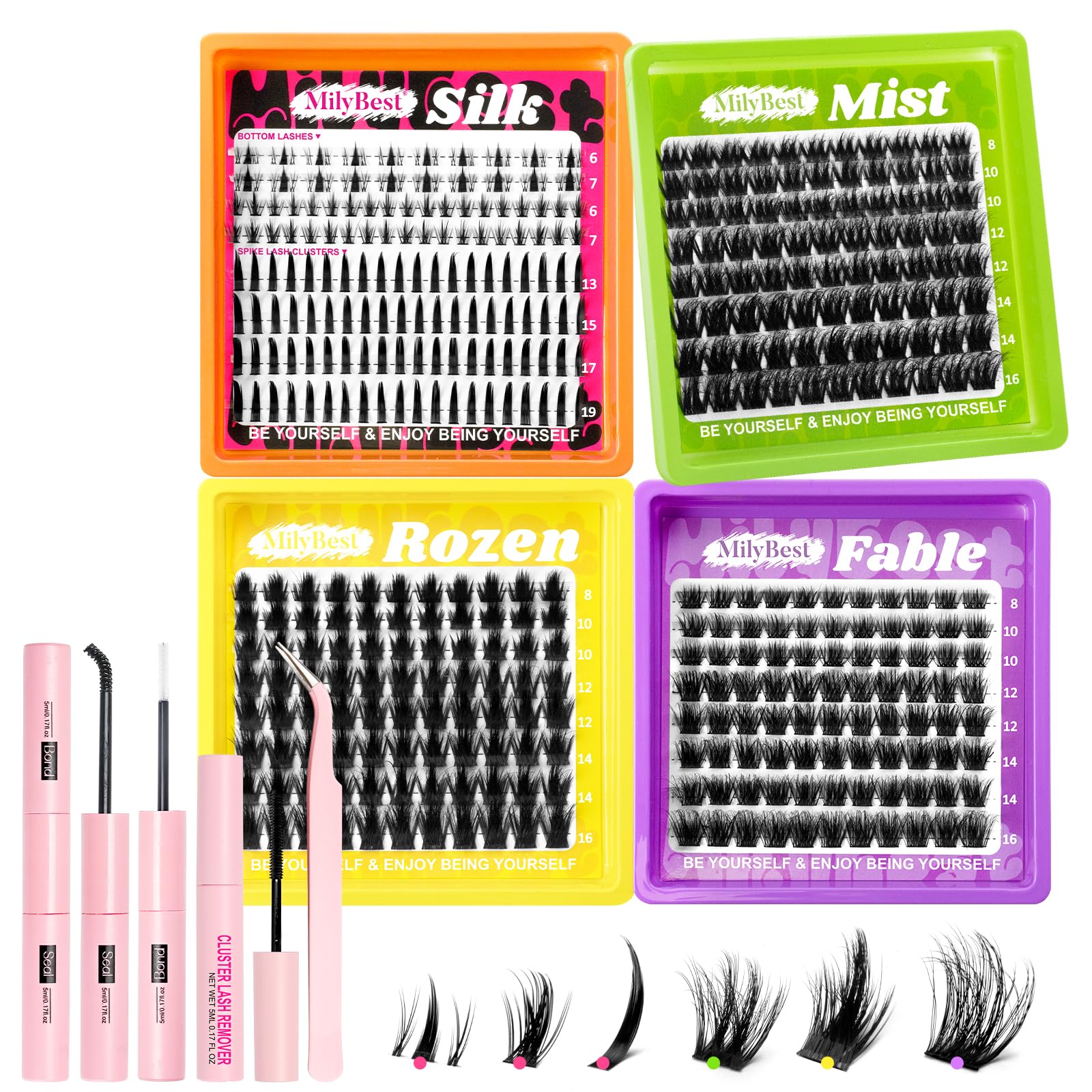 MilyBest silk cluster lashes kit for natural to dramatic looks and easy at-home use.