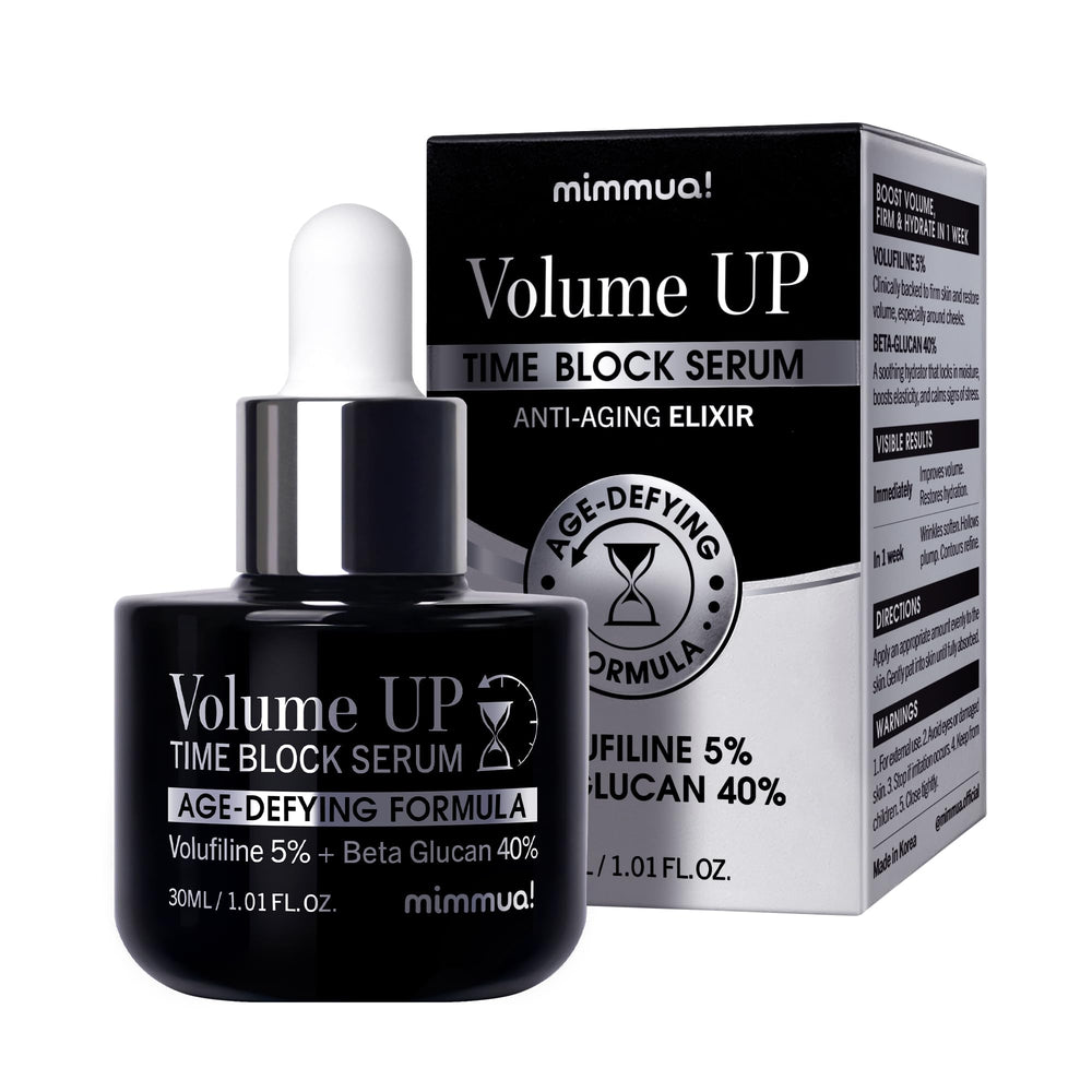 Mimmua Volume Up Time Block Serum bottle close-up with premium packaging.