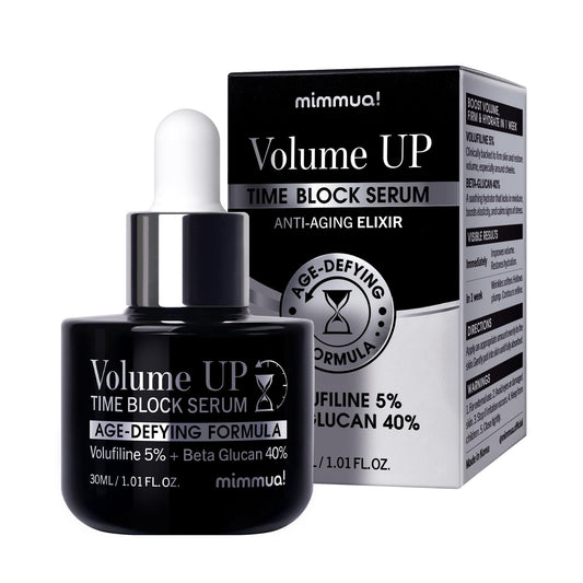 Mimmua Volume Up Time Block Serum bottle close-up with premium packaging.