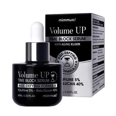 Mimmua Volume Up Time Block Serum bottle close-up with premium packaging.