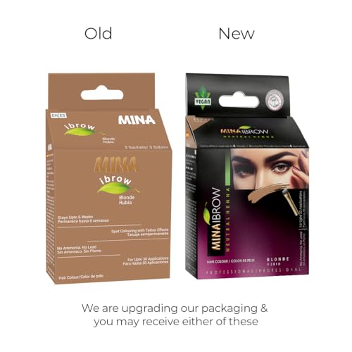 MINA iBrow henna powder pack highlighting plant-based color for natural-looking results.