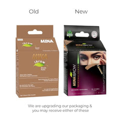 MINA iBrow henna powder pack highlighting plant-based color for natural-looking results.