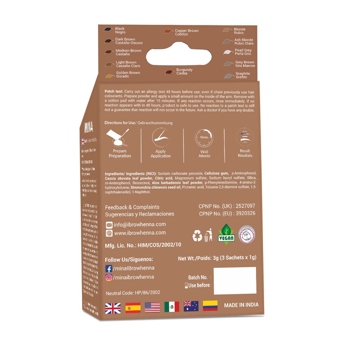 MINA iBrow natural ingredients label emphasizes cassia powder, aloe, and jojoba care.
