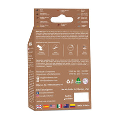 MINA iBrow natural ingredients label emphasizes cassia powder, aloe, and jojoba care.