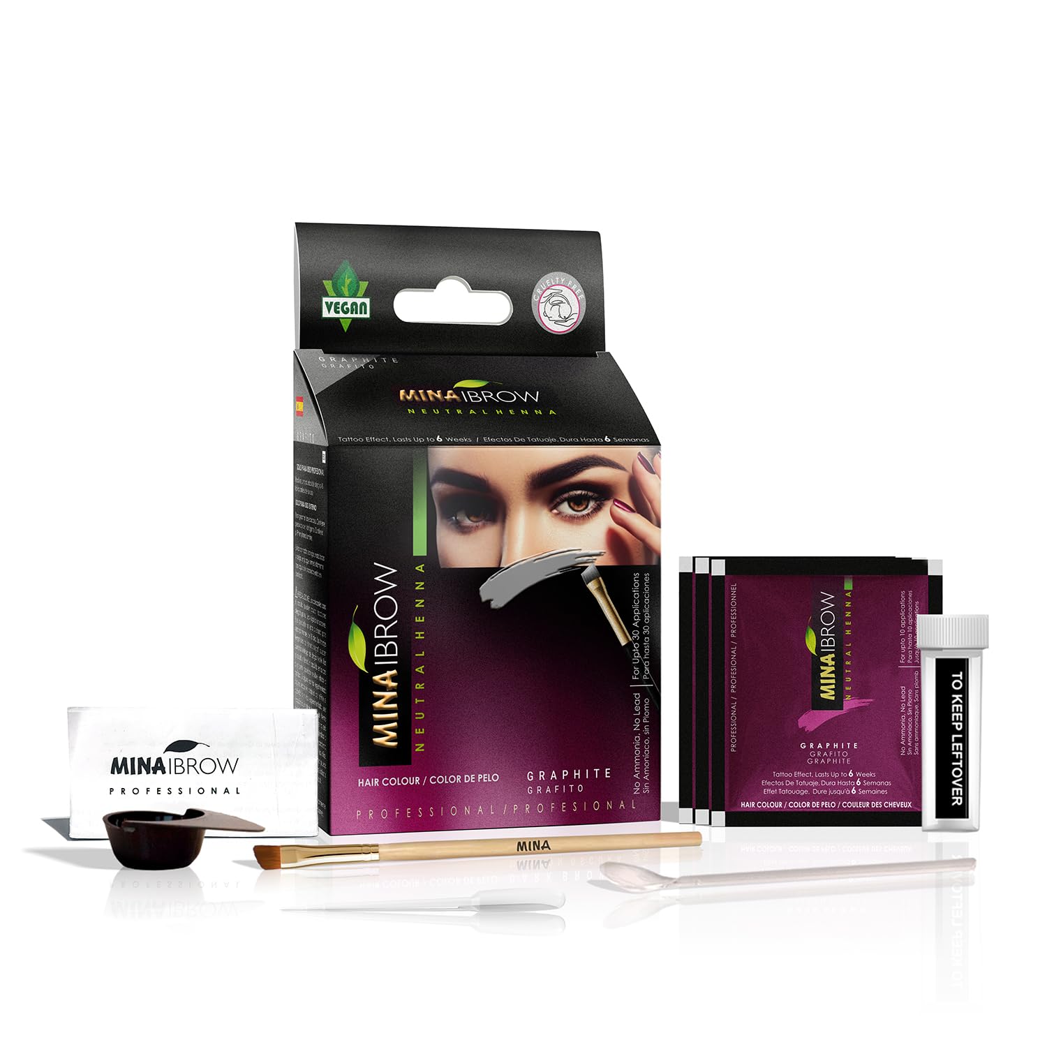 MinaiBrow henna kit with brush for easy at-home color application.