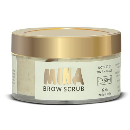 MinaiBrow Brow Scrub ingredients panel shows natural oils and shea butter.