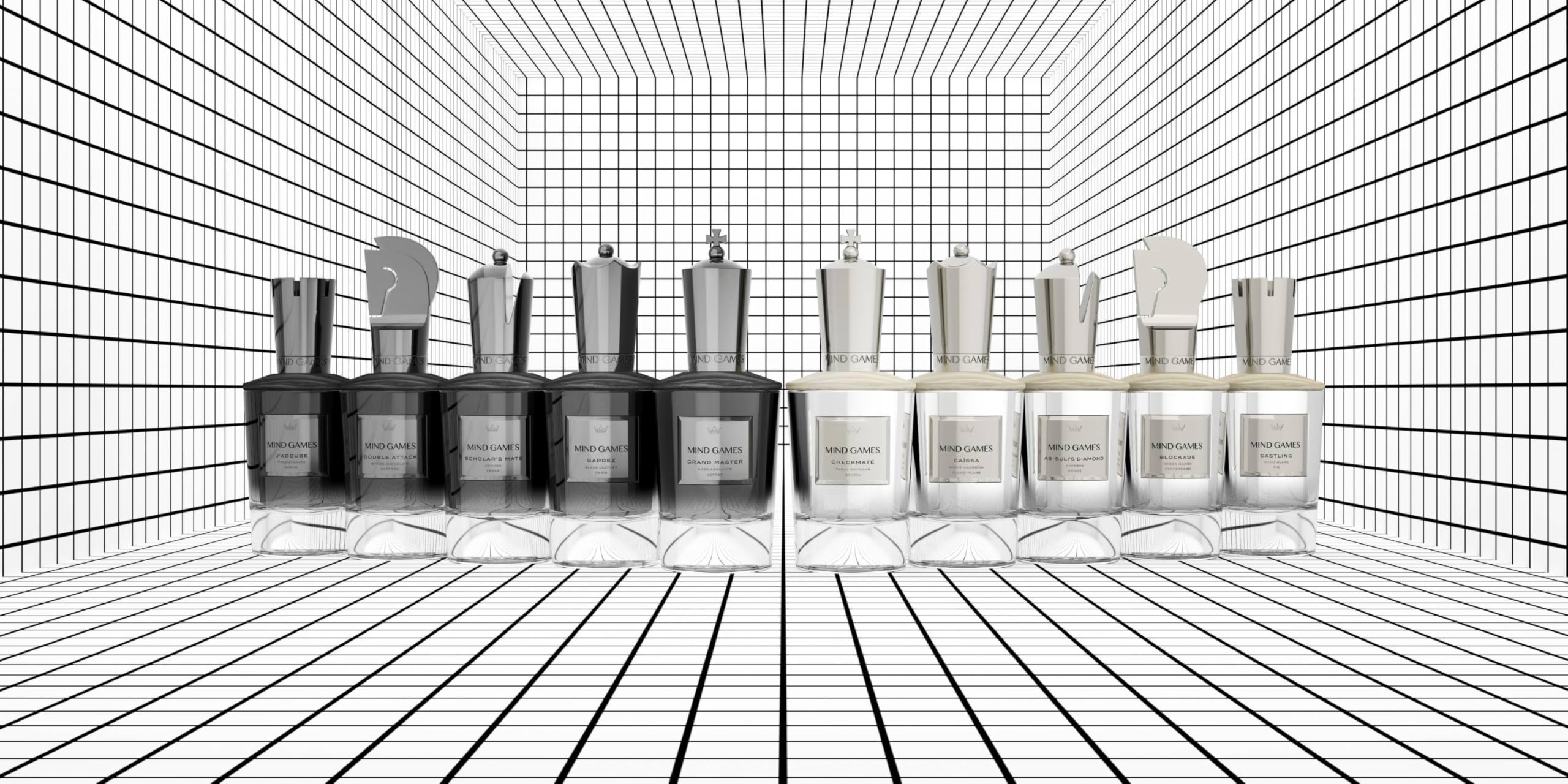 Mind Games chess-inspired branding artwork invites bold scent exploration.