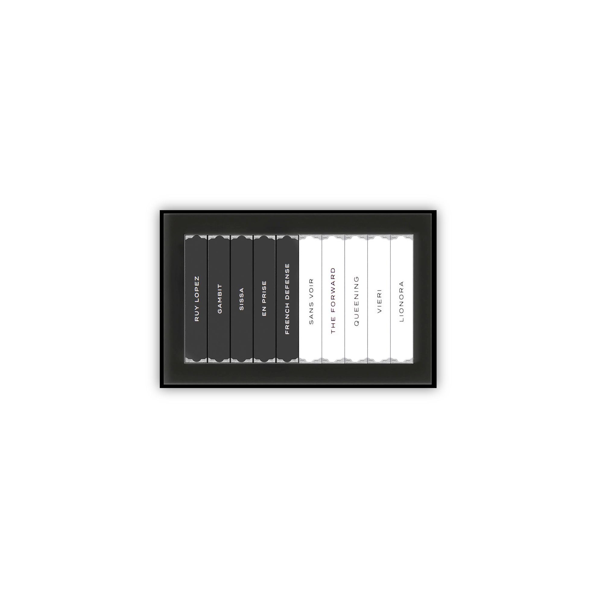 MIND GAMES discovery box with slide-out packaging showcases ten perfume samples for trial and gifting.