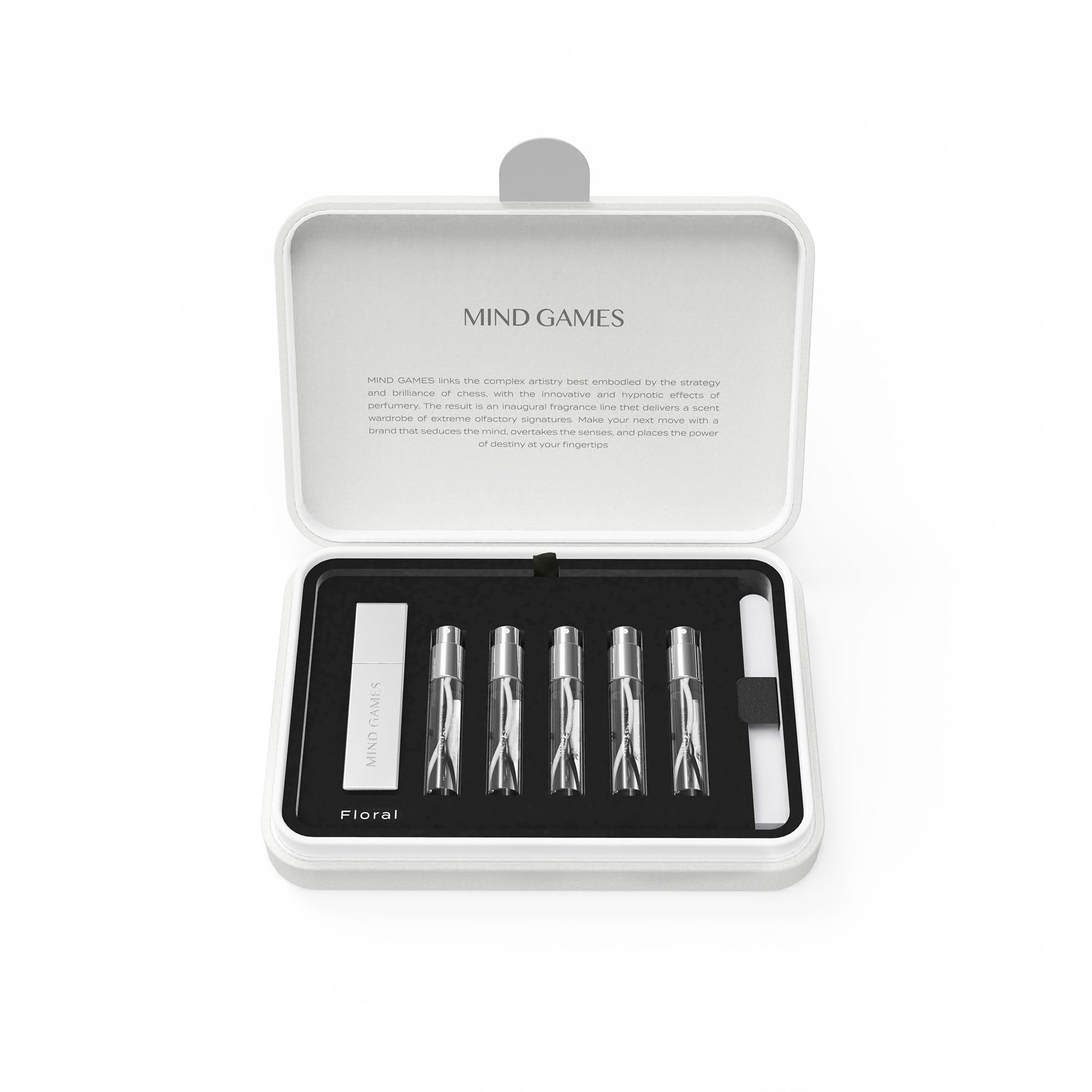 Mind Games Floral Discovery Set box with five scents for travel luxury.