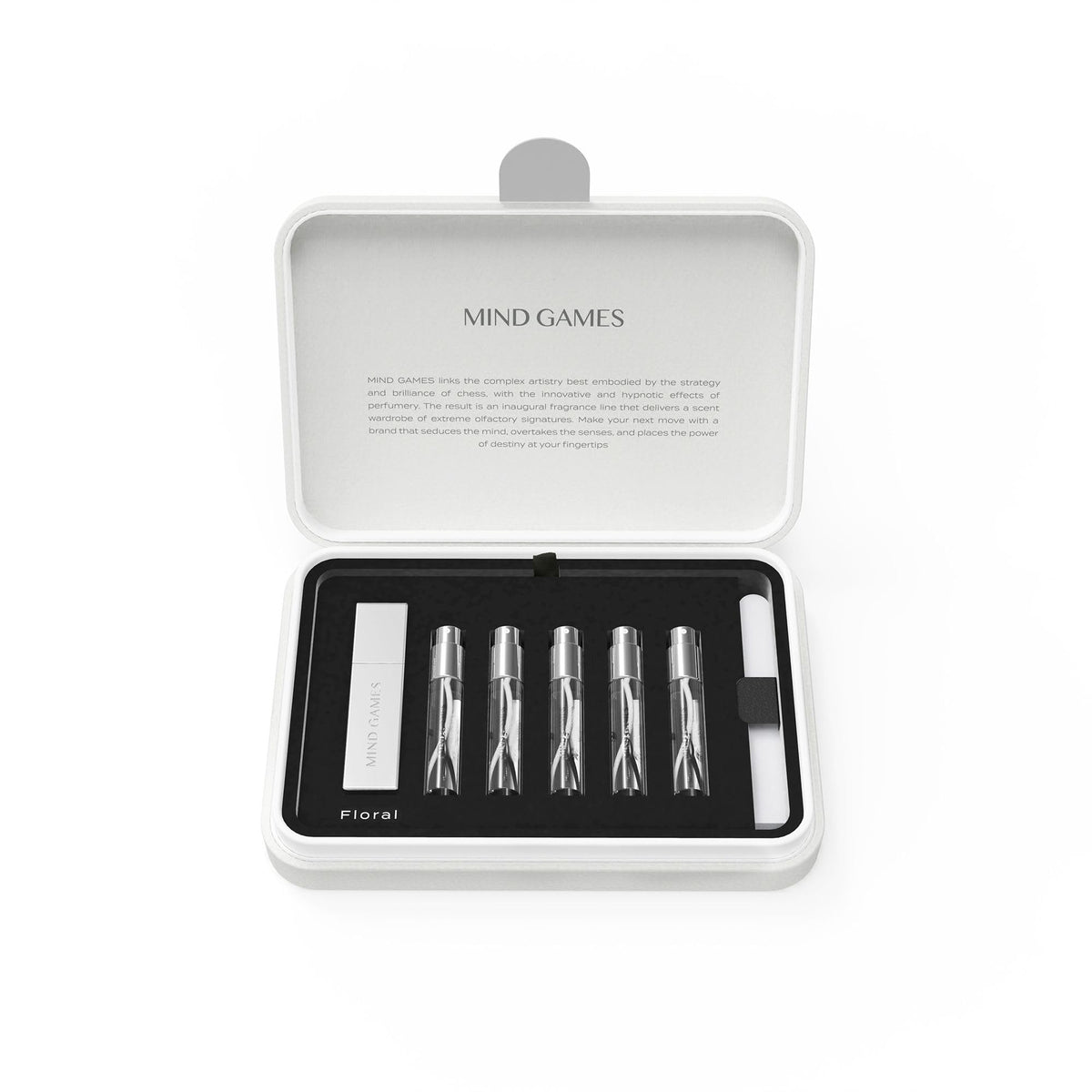 Mind Games Floral Discovery Set box with five scents for travel luxury.