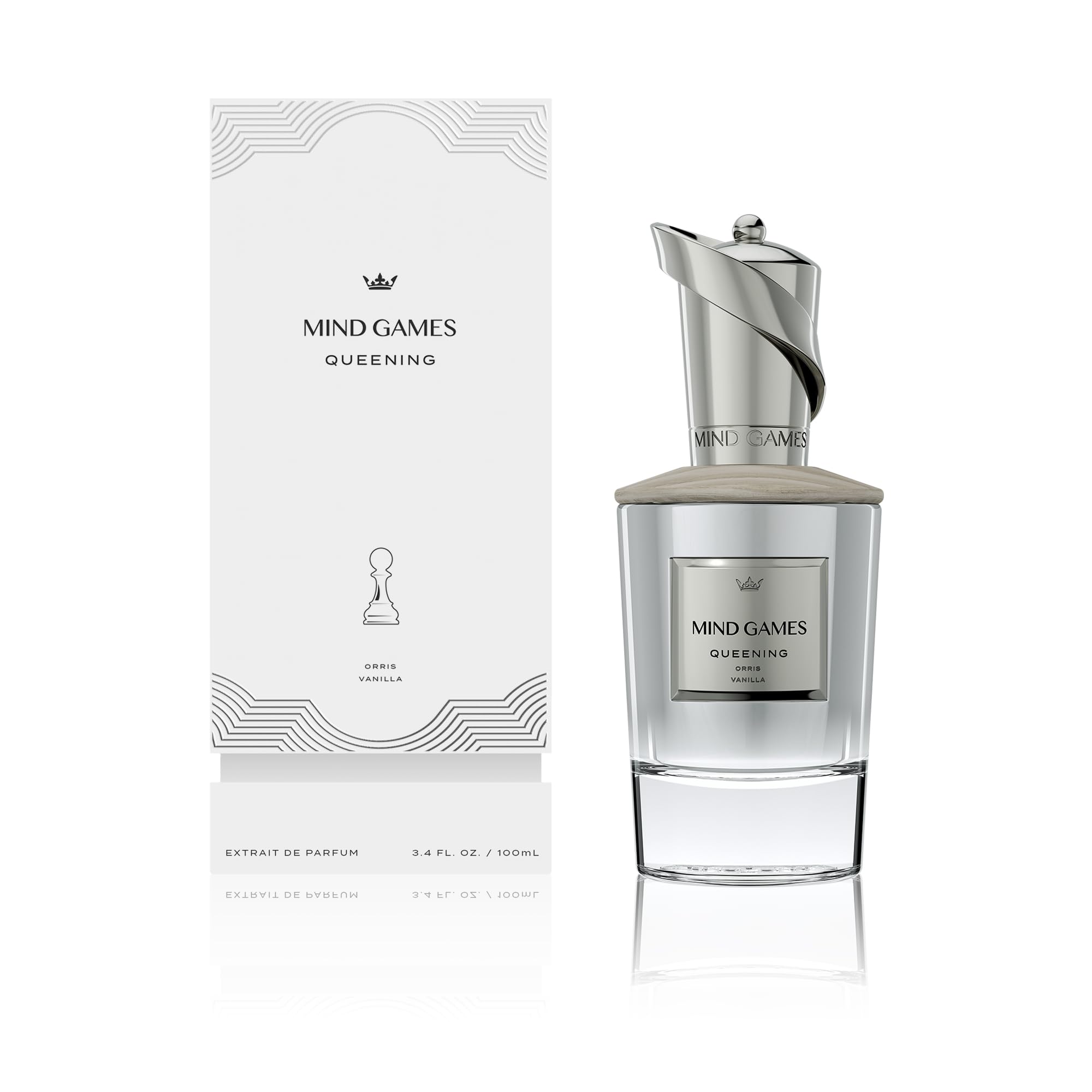 Mind Games Queening coconut and fluffy musk drydown in a soft glow.