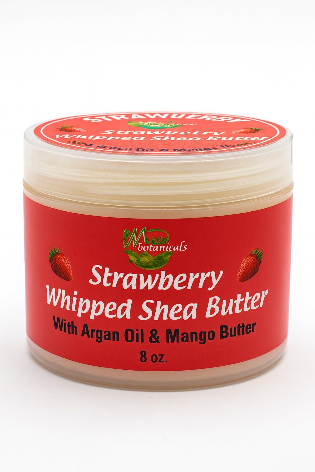 Mine Botanicals Strawberry Whipped Shea Butter in a jar hydrates and nourishes dry skin.