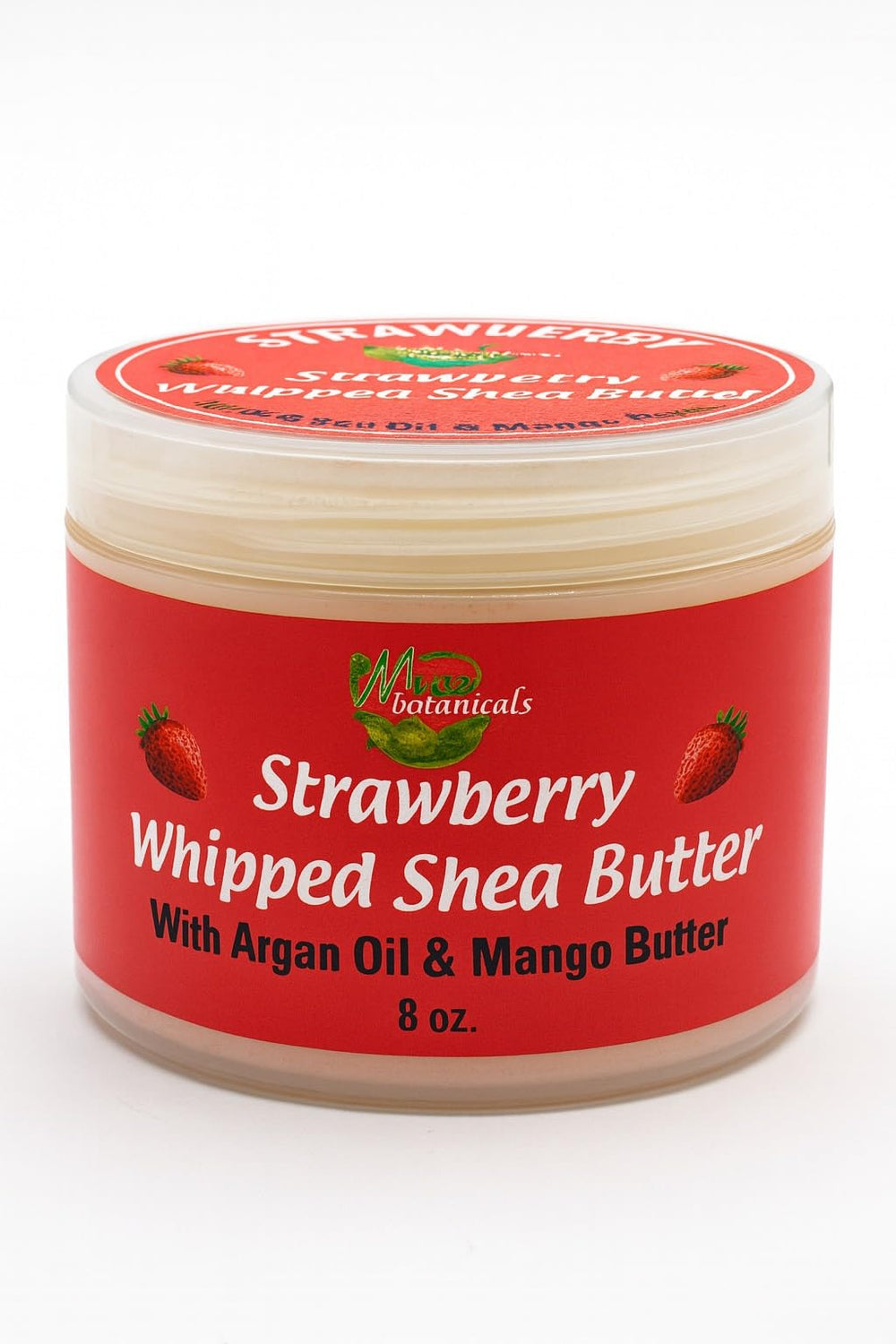 Mine Botanicals Strawberry Whipped Shea Butter in a jar hydrates and nourishes dry skin.