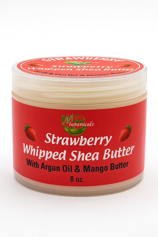 Mine Botanicals Strawberry Whipped Shea Butter in a jar hydrates and nourishes dry skin.