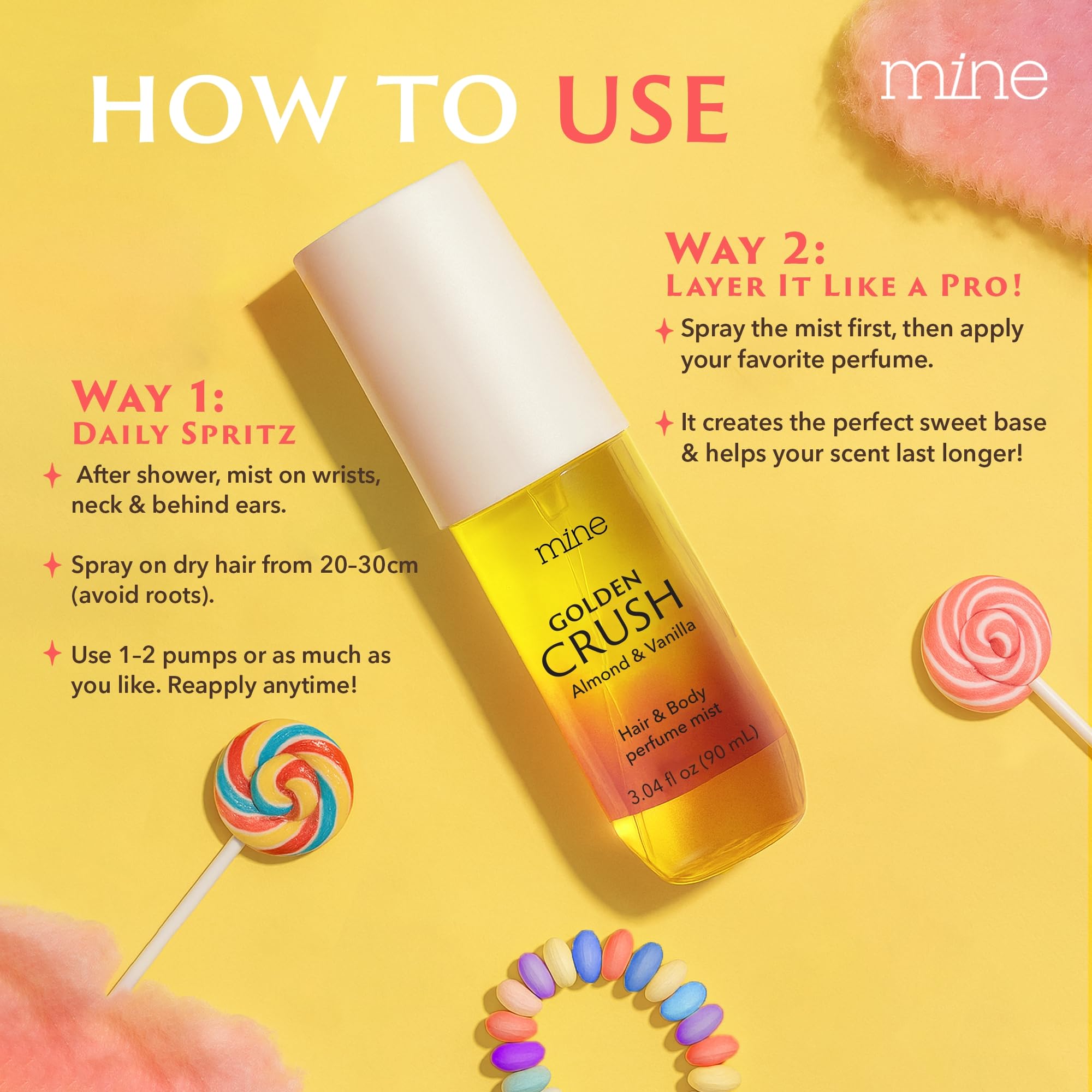 Long lasting almond vanilla scent on hair after spritz