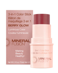 Mineral Fusion 3-in-1 Color Stick Berry Glow on cheeks, lips, and eyes for a radiant look.
