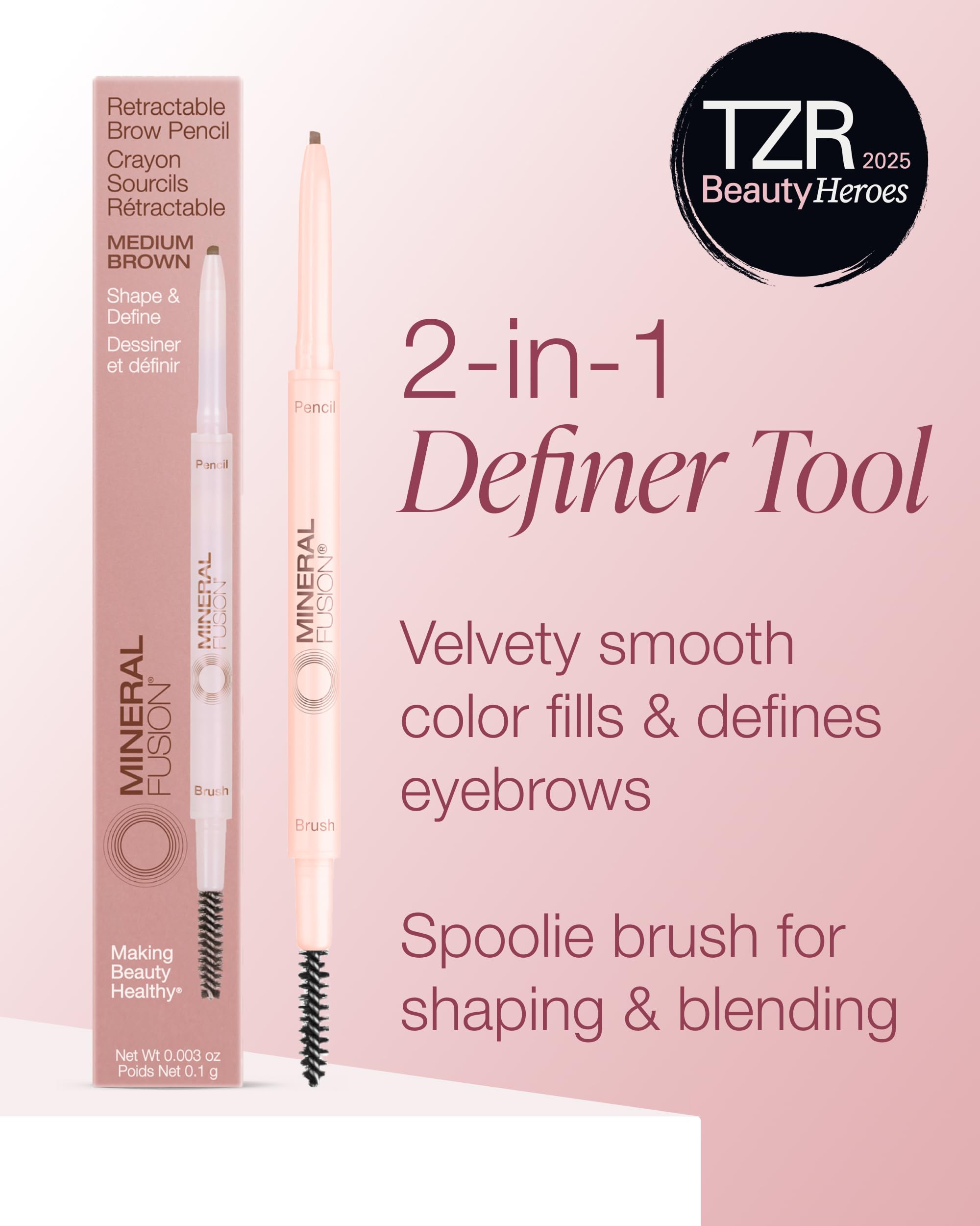 Mineral Fusion brow pencil spoolie blending to soften lines for a natural finish.