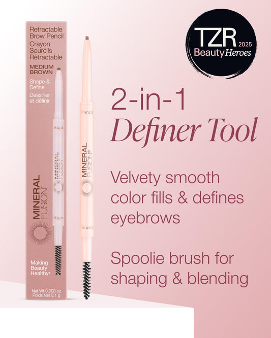 Mineral Fusion brow pencil spoolie blending to soften lines for a natural finish.
