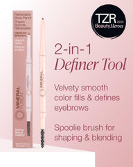 Mineral Fusion brow pencil spoolie blending to soften lines for a natural finish.