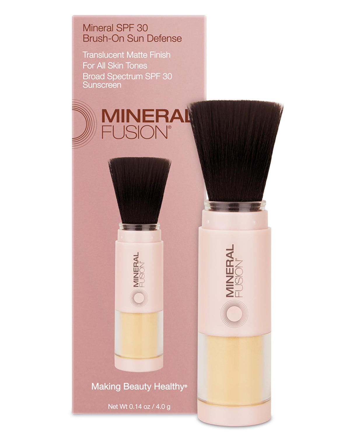 Mineral Fusion brush-on powder sunscreen for the face, SPF 30, seamless matte finish.