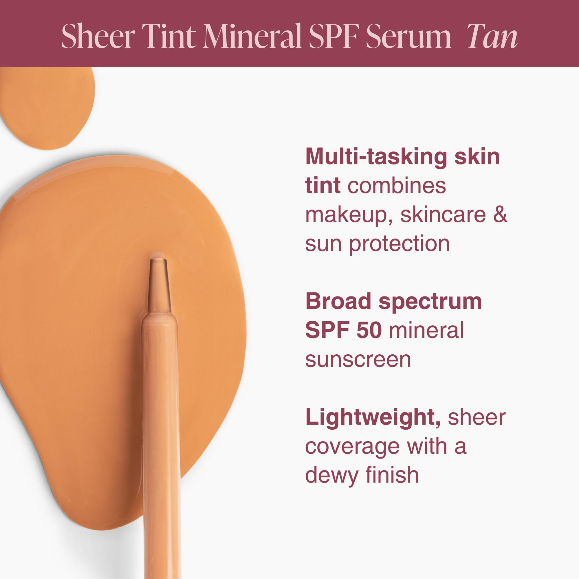 Mineral Fusion Face Serum tinted SPF 50 swatch on skin highlights sheer coverage.