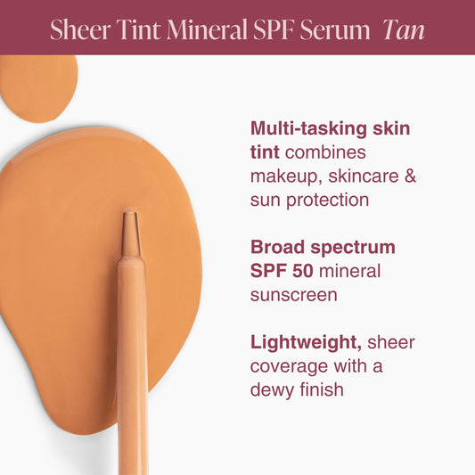 Mineral Fusion Face Serum tinted SPF 50 swatch on skin highlights sheer coverage.