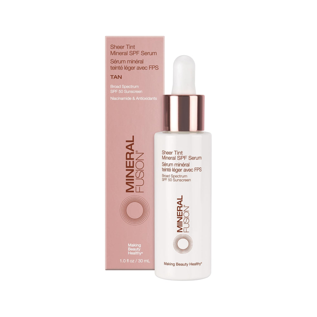Mineral Fusion Face Serum tinted SPF 50 tan bottle shows dewy protection.
